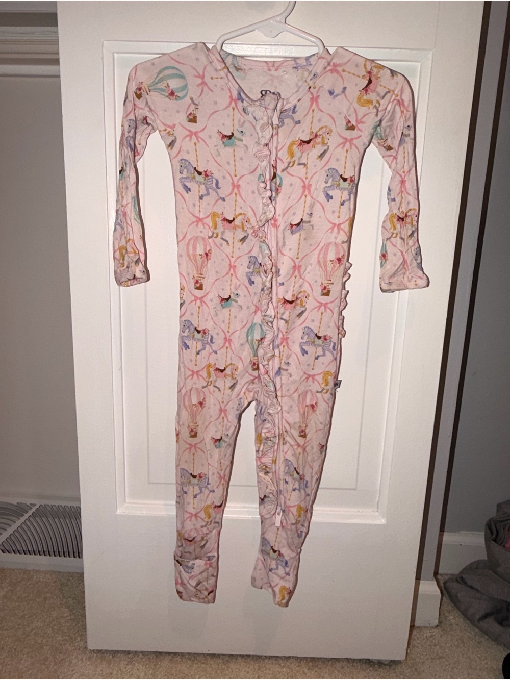 Girls Pink Unicorn Carousel Footed One-Piece Pajama